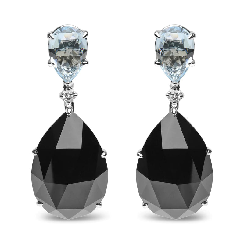 18K White Gold 1/5 Cttw Diamond with Pear Cut Sky Blue Topaz and Pear-Cut Black Onyx Gemstone Dangle Earring (G-H Color, SI1-SI2 Clarity)