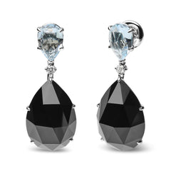 18K White Gold 1/5 Cttw Diamond with Pear Cut Sky Blue Topaz and Pear-Cut Black Onyx Gemstone Dangle Earring (G-H Color, SI1-SI2 Clarity)