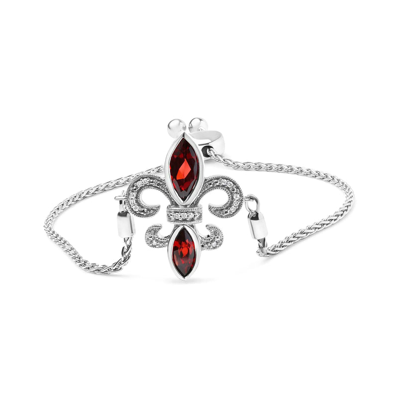 .925 Sterling Silver Marquise Garnet  and Diamond Accent Lariat 4”-10” Fleur De Lis Adjustable Bolo Bracelet (H-I Color, SI1-SI2 Clarity)