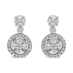 18K White Gold 2.0 Cttw Round Shape Diamond Composite Halo Dangle Stud Earring (F-G Color, VS1-VS2 Clarity)