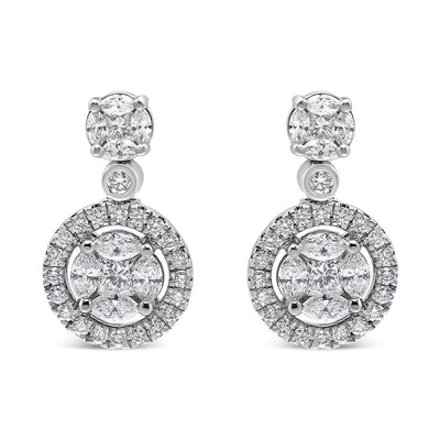 18K White Gold 2.0 Cttw Round Shape Diamond Composite Halo Dangle Stud Earring (F-G Color, VS1-VS2 Clarity)